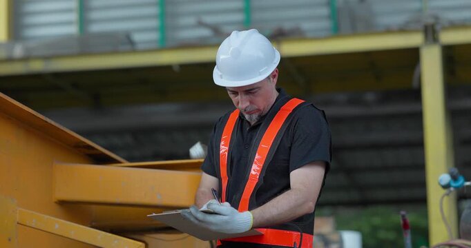  Technicians inspect forklifts engines, conditions in a workshop for repair planning and asset reuse