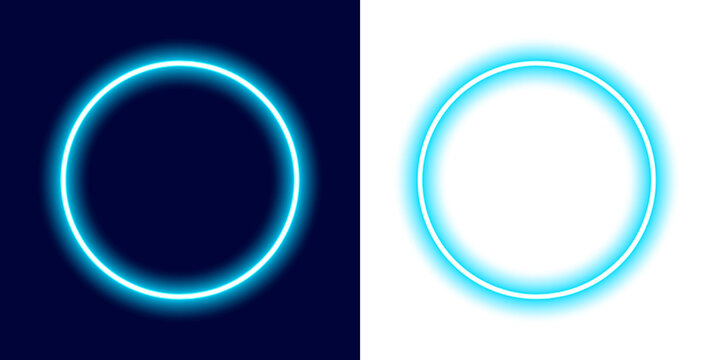 Two contrasting neon circles side by side featuring a glowing blue ring on dark background and a bright blue solid ring with an inner white circle on black on transparent background