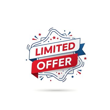 Limited offer badge design featuring red and blue ribbons with decorative stars on white background