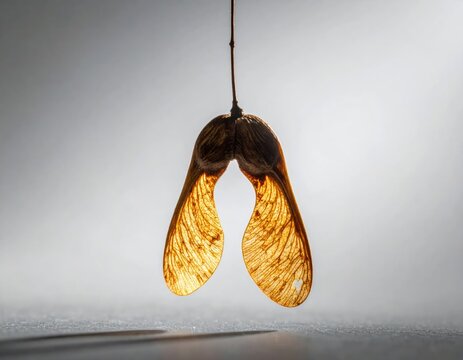 Single maple samara seed pod hanging against white background.