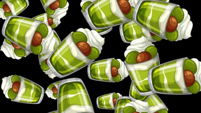 Falling Green Matcha Parfait Dessert Cups on Black Background