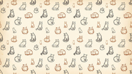 Estores personalizados com sua foto Vintage hand drawn cat seamless pattern with etching style kittens on light beige paper texture with copy space