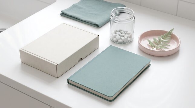 Minimalist desk setup with a notebook and white box.
