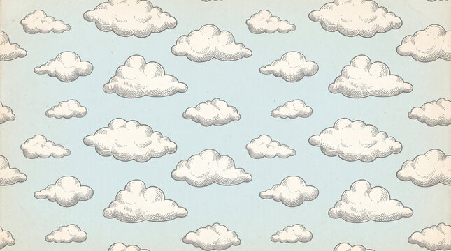 Vintage hand drawn cloud seamless pattern with engraving style fluffy clouds on light blue paper texture with copy space