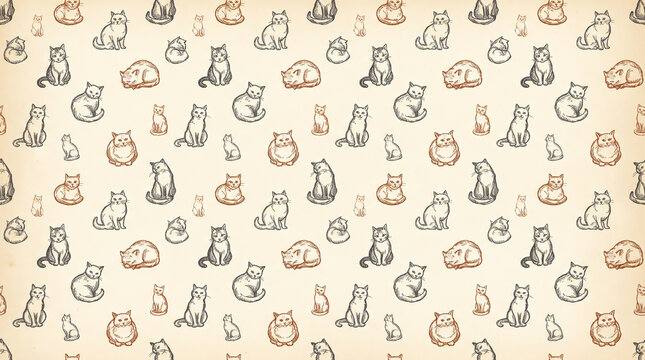Vintage hand drawn cat seamless pattern with etching style kittens on light beige paper texture with copy space