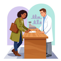 Obraz premium Pharmacist Assists Customer at Counter with Prescription Paperwork and Cash Register