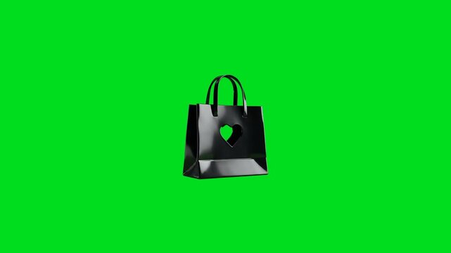A sleek black handbag with a heart cutout design on a vibrant green background
