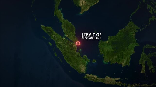 Satellite globe animation descending to the Strait of Singapore, Singapore, featuring a red concentric circle highlight and typography. Ideal for a maritime news broadcast opener or documentary.
