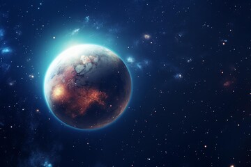 Obraz premium Distant planet with sun rising creating a bright glow in a background of stars and nebula