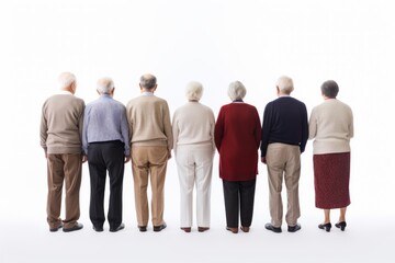 Obraz premium Group of seven diverse senior adults standing with backs to the camera on white background