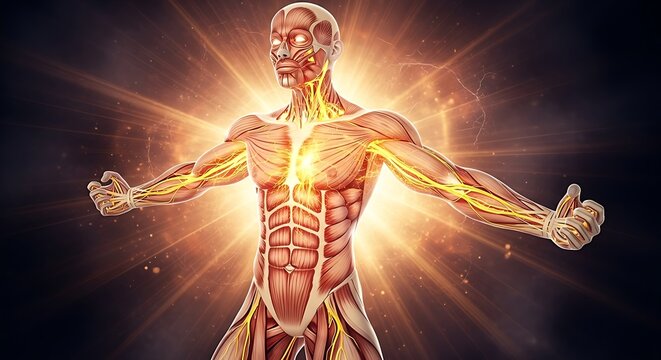 Human muscular anatomy system showing glowing nervous pathways with bright golden light in dark background space