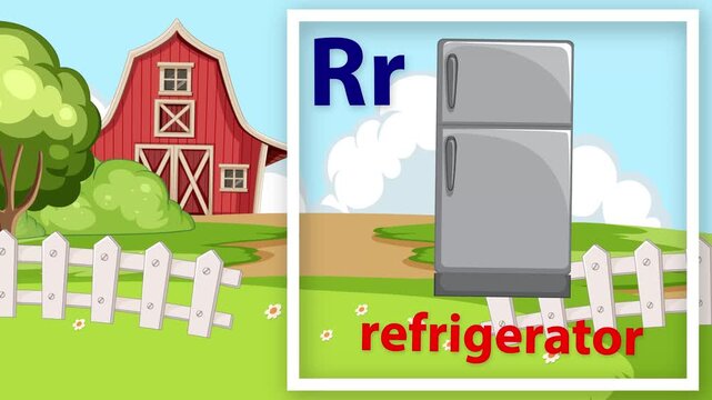 Educational Alphabet Animation Featuring Letter R and Refrigerator on Farm Background