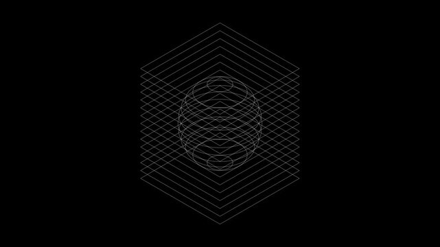 A sliced wireframe cube with a hollow spherical core