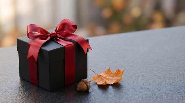 Black Gift Box With Red Ribbon Beside Acorn And Leaf