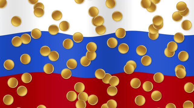 Gold Coins Falling Over Waving Russian National Flag Background