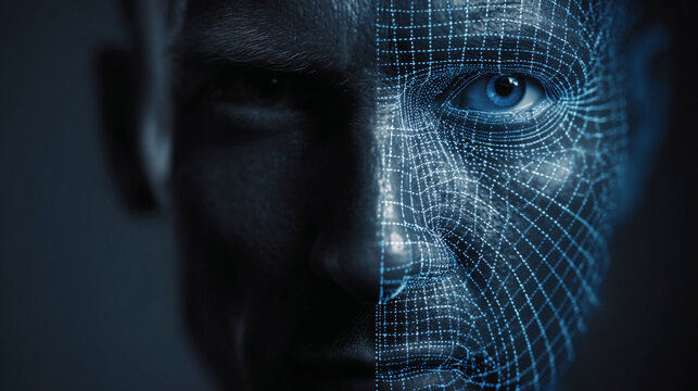 Human face integrated with digital blue wireframe mesh technology for advanced biometric facial recognition identification scan