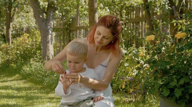A woman and her little boy sit in the yard. She places raspberries on his fingers while they laugh together. They are spending quality time on a sunny day.