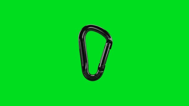A single black metal carabiner isolated on a vibrant green screen background