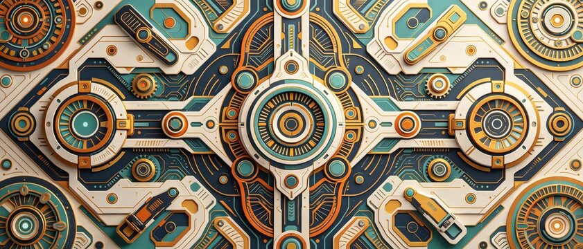 Abstract geometric technical background with symmetric circular gear patterns in warm orange teal and white gold colors showing modern mechanical futuristic design