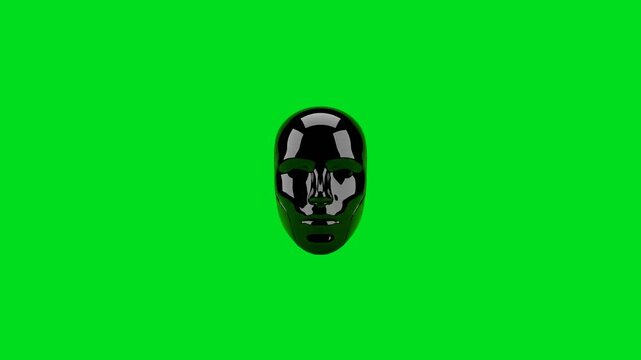 A shiny black featureless mannequin head floating against a green background