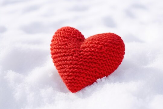 Knit red heart resting in crisp white snow, symbolizing love and warmth in winter