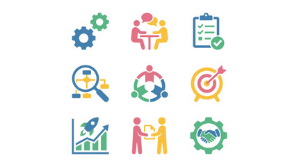 Fototapeta premium Flat design icon set for business concepts: gears, meeting, checklist, flowchart, teamwork, target, growth, handshake, and collaboration.