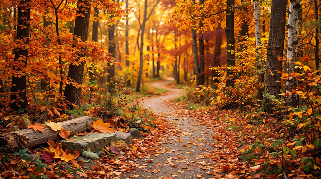 Autumn Forest Trail Background with Golden Foliage and Fallen Maple Leaves in Warm Sunlight 黄金色に輝く紅葉と落葉が美しい秋の森の小道の景観背景素材