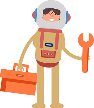 Astronaut Character Holding Toolbox and Wrench
