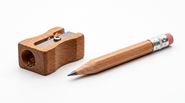 Wooden pencil sharpener with pencil for writing and drawing