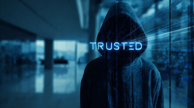 Mysterious hacker wearing dark hoodie displaying glowing blue trusted word concept in digital modern space
