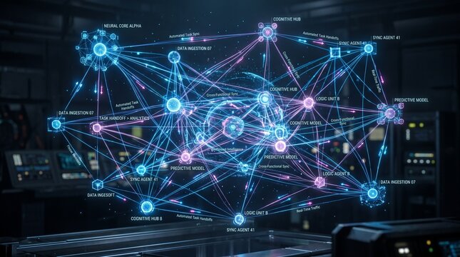 Holographic artificial intelligence network interface glowing with complex data streams and interconnected nodes inside a futuristic laboratory control center