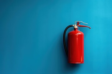 Obraz premium Red fire extinguisher hanging on a vibrant blue wall, representing emergency preparedness