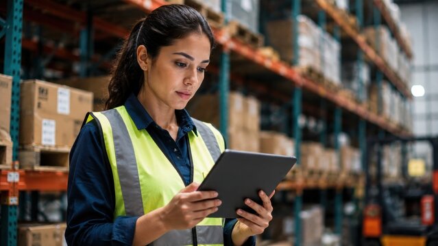 Professional female warehouse manager wearing safety vest uses digital tablet to manage inventory and logistics operations among industrial storage racks