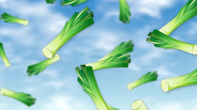 Animated Fresh Green Leeks Falling Against a Bright Blue Sky Background