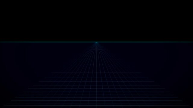Electric blue retrowave perspective grid scrolls toward viewer on black with glowing horizon