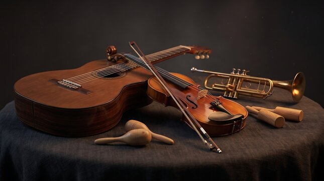 Still life composition featuring a classical guitar violin trumpet and maracas on a table.