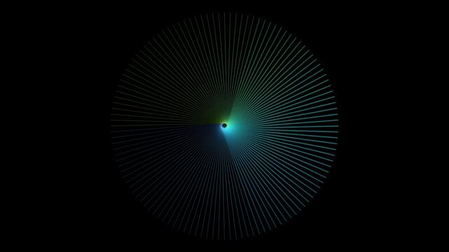 Green cyan blue spiral vortex rotates with color wave traveling outward on black