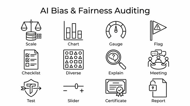 An infographic titled AI Bias  Fairness Auditing featuring twelve blackline icons with descriptive labels