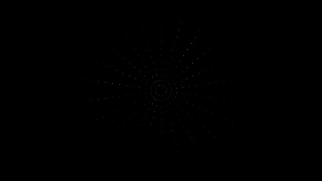 Circular neon bulb arch tunnel with blue pink yellow dots receding to dark center