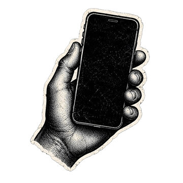 Vintage Hand Holding Smartphone with Blank Screen Mockup png Illustration
