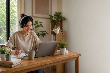 Fototapeta premium Young Asian woman working from home with laptop and taking notes in a cozy modern workspace