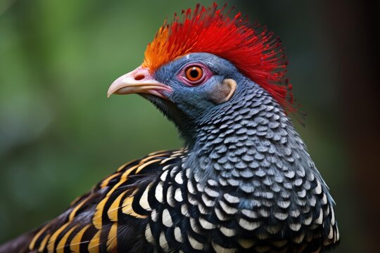Blyth's tragopan bird showing its distinctive red crest and detailed feather patterns