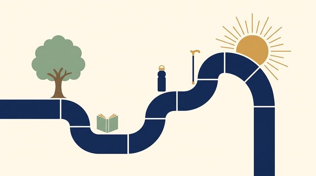 A conceptual illustration of a path representing life stages with icons.