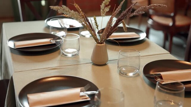 Warm restaurant table setting with black plates, clear glasses, wrapped cutlery, neutral tablecloth, and a small vase filled with dried grasses and wheat
