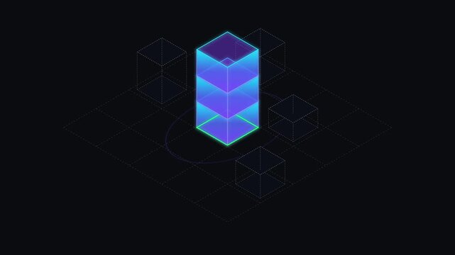 Isometric data grid with prominent luminous three tier monolithic pillar