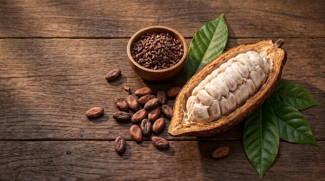 Fresh cocoa pod with beans and nibs on a rustic wooden table.