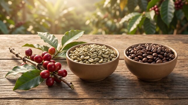Fresh coffee cherries and beans in bowls on wooden table.