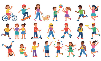 Fototapeta premium Diverse children enjoying outdoor activities and playful recreation. Colorful cartoon characters riding bikes, skateboards, scooters, roller skates, and playing games.