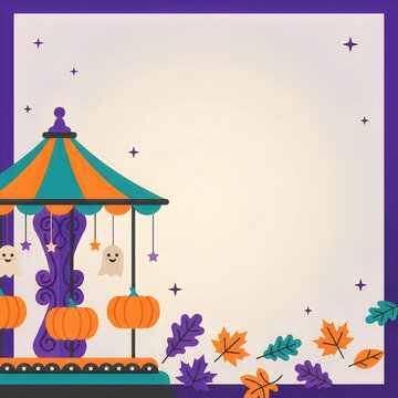 Pixel art halloween carousel with pumpkins and autumn leaves at night