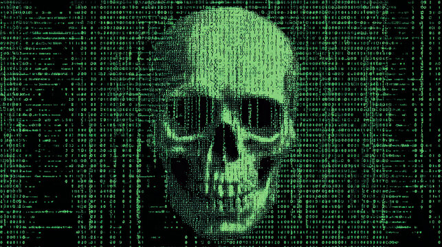 Human skull formed by bright green binary code streaming down on a dark black background